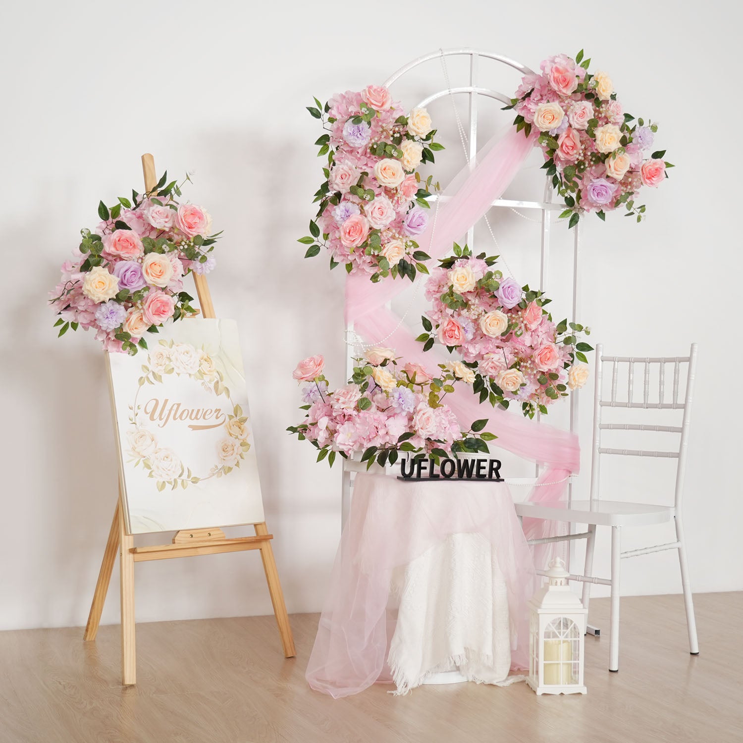 Uflower Artificial Pink Purple Rose Green Leaf Flower Row Wedding KT Backdrop Decor